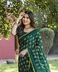 Luxurious Green Bandhej Silk Saree with Zari Weaving and Rich Tissue Pallu – Elegant Bandhej Border & Matching Blouse.