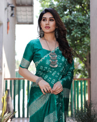 Authentic Green Bandhej Silk Saree with Zari Weaving, Rich Tissue Pallu, Sibory Design & Matching Blouse.