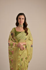 Green Soft Muga Cotton Saree with Blouse