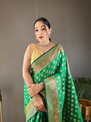 Green Rosy Soft Silk Saree with Beautiful Border, Rich Pallu & Full Brocade | Unstitched Blouse Included.