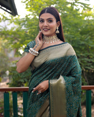 Exclusive Green Handloom Silk Bandhej Patola Sarees with Kanchi Borders & Unstitched Blouse Piece.