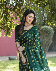 Luxurious Green Bandhej Silk Saree with Zari Weaving and Rich Tissue Pallu – Elegant Bandhej Border & Matching Blouse.