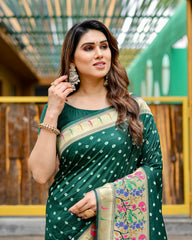 Premium Green Bandhej Paithani Silk Saree – High Quality, Stylish Design with Zari Weaving, Paithani Border, Rich Pallu, and Matching Blouse.