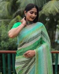 Green Chiffon Silk With Gold Foil Print Light Weight Saree For Weddings