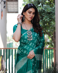 Green Bandhej Silk Saree with Tissue Pallu and Sibory Design