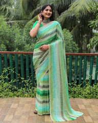 Green Chiffon Silk With Gold Foil Print Light Weight Saree For Weddings