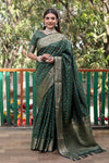 Luxury Handloom Green Silk Bandhej Patola Sarees with Kanchi Borders and Unstitched Blouse Piece.