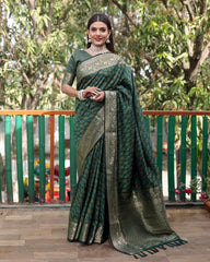 Luxury Handloom Green Silk Bandhej Patola Sarees with Kanchi Borders and Unstitched Blouse Piece.