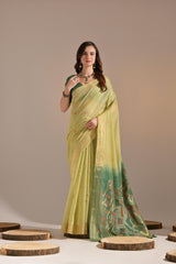 Green Muga Cotton Saree With Contrast Blouse