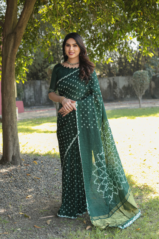 Green Bandhej Silk Saree With Bandhej Border