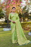 Green Satin Saree Kanjivaram Silk With Floral Print