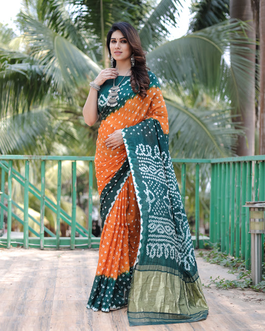 Green Pure Bandhej Silk Saree With Tissue Pallu