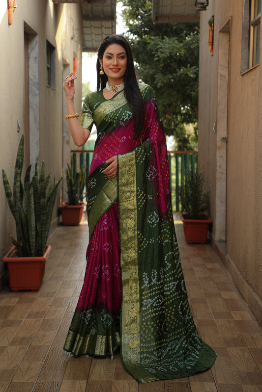 Premium Green Dual Color Bandhej Tapeta Silk Saree – Lightweight with Zari Weaving Border, Broad Bandhej Pallu & Zari Border Blouse.