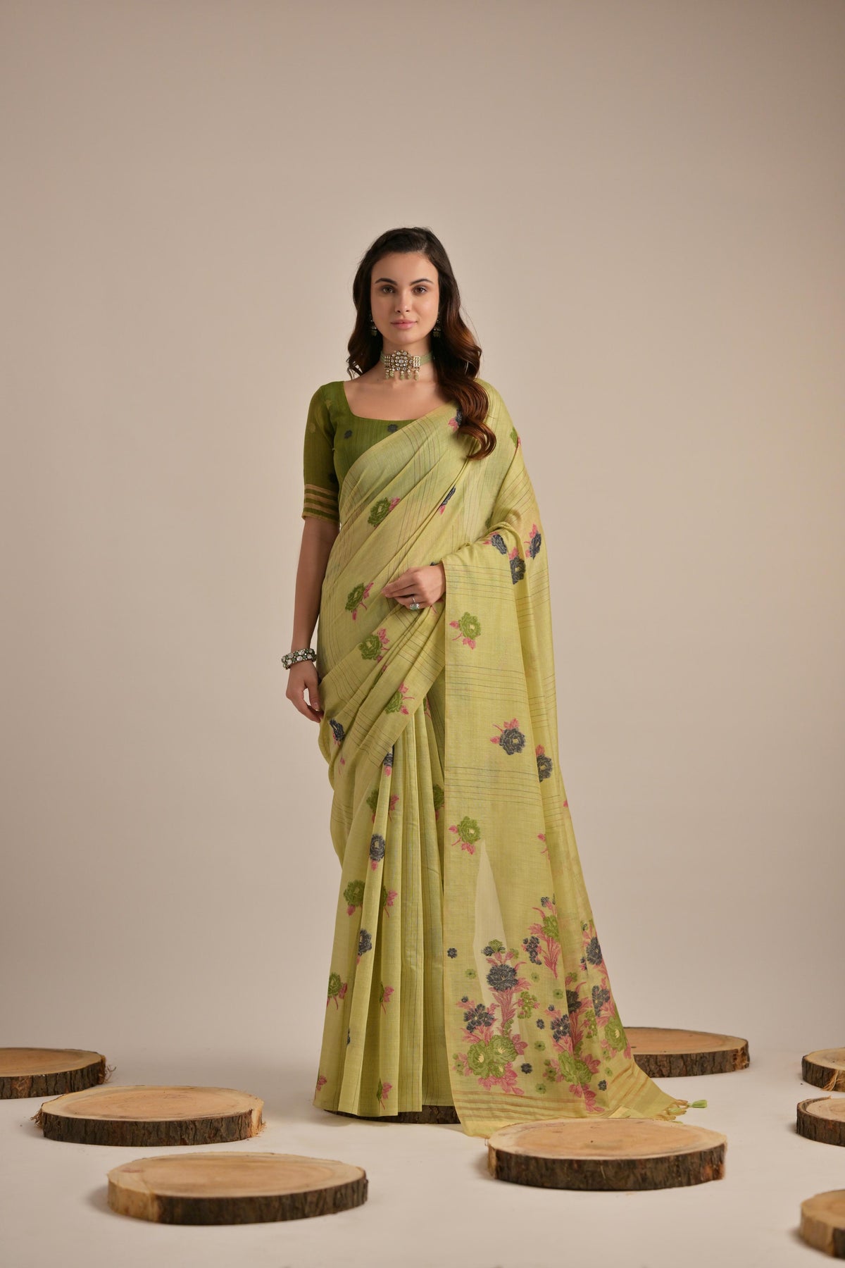 Green Soft Muga Cotton Saree with Blouse