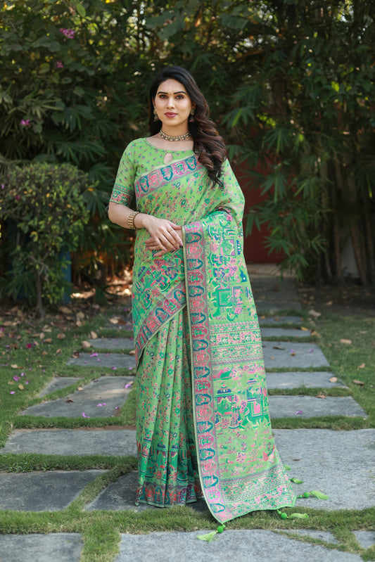 Green Pashmina Cotton Saree For Weddings