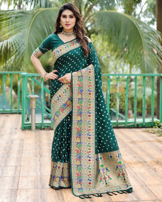 Premium green Bandhej Paithani Silk Saree with Zari Weaving, Rich Pallu & Matching Blouse – Elegant and Comfortable Designer Drapes.