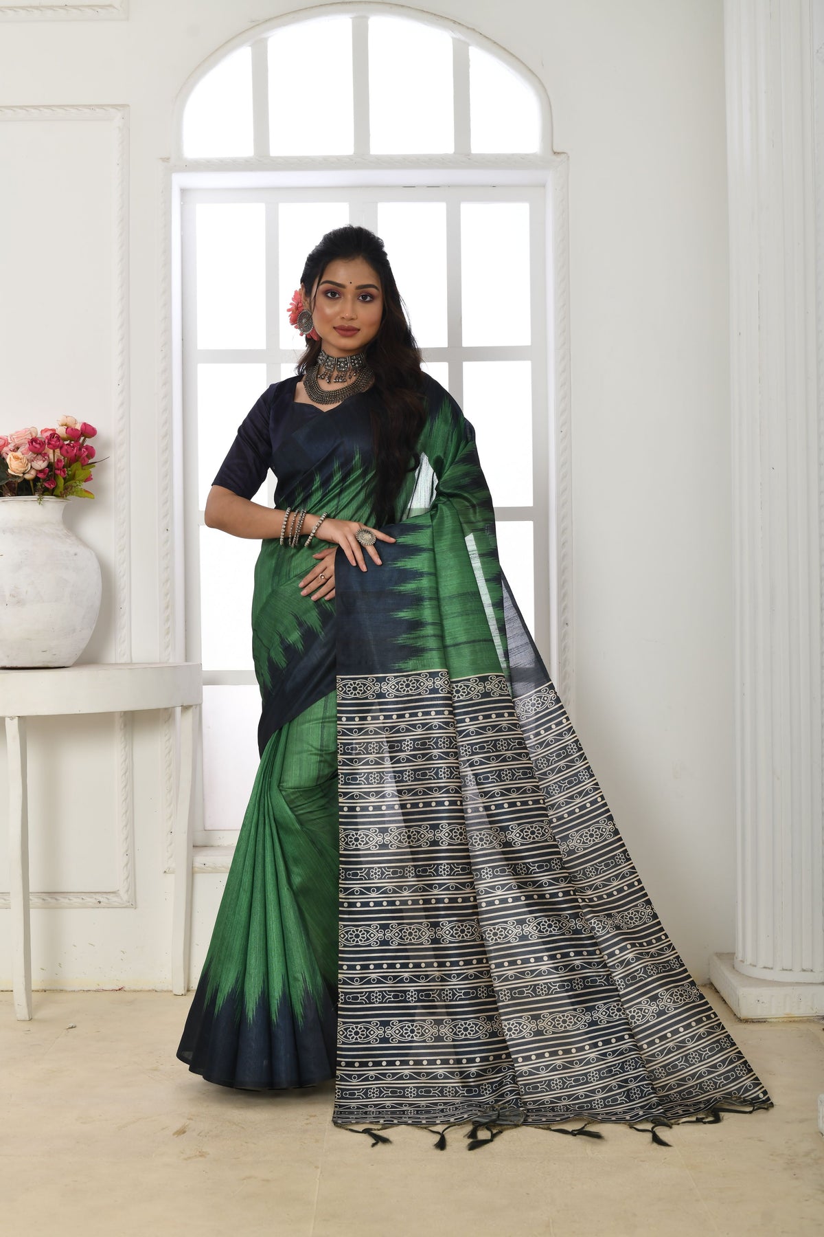 Green Soft Tussar Silk Saree with Temple Border Print