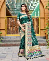 Premium Green Bandhej Paithani Silk Saree – High Quality, Stylish Design with Zari Weaving, Paithani Border, Rich Pallu, and Matching Blouse.