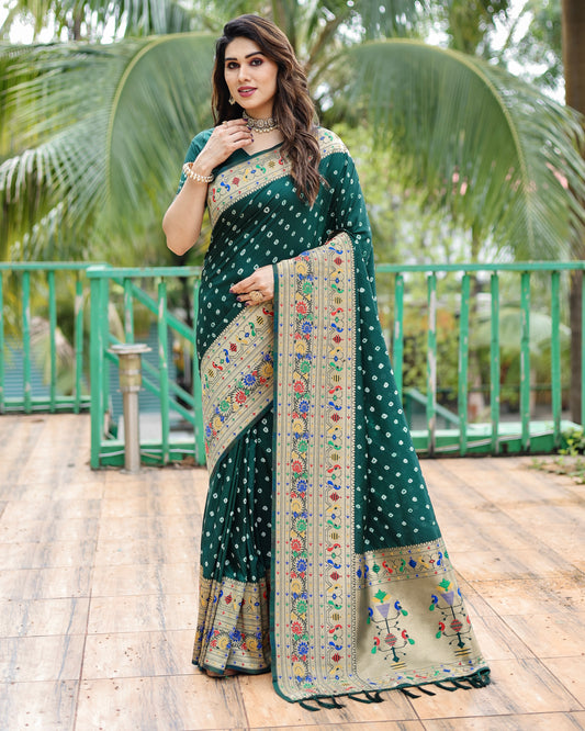 Premium green Bandhej Paithani Silk Saree with Zari Weaving, Rich Pallu & Matching Blouse – Elegant and Comfortable Designer Drapes.