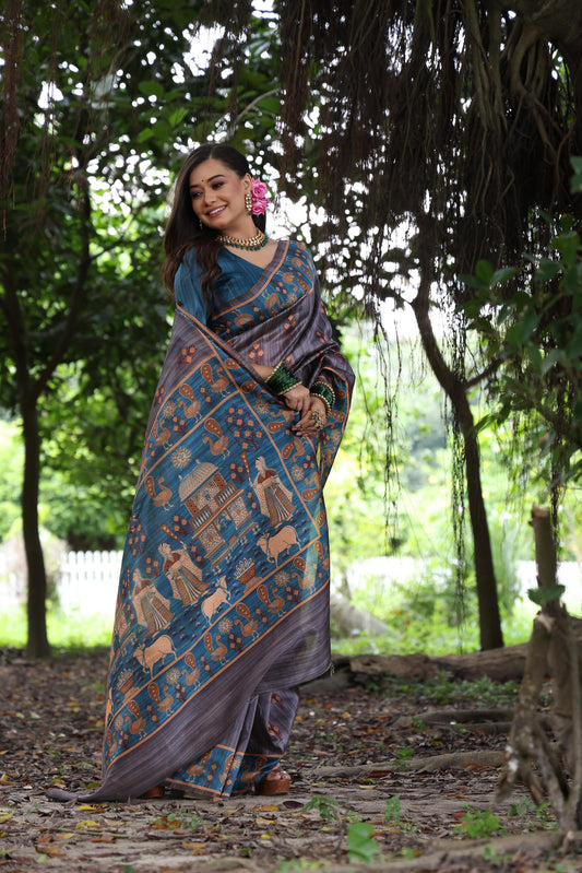 Gray Soft Tussar Silk Saree with Beautiful Peacock Prints