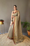 Gray Color Soft Silk Saree with All-Over Zari Checks Weaving Design and Border | Running Unstitched Blouse Included.