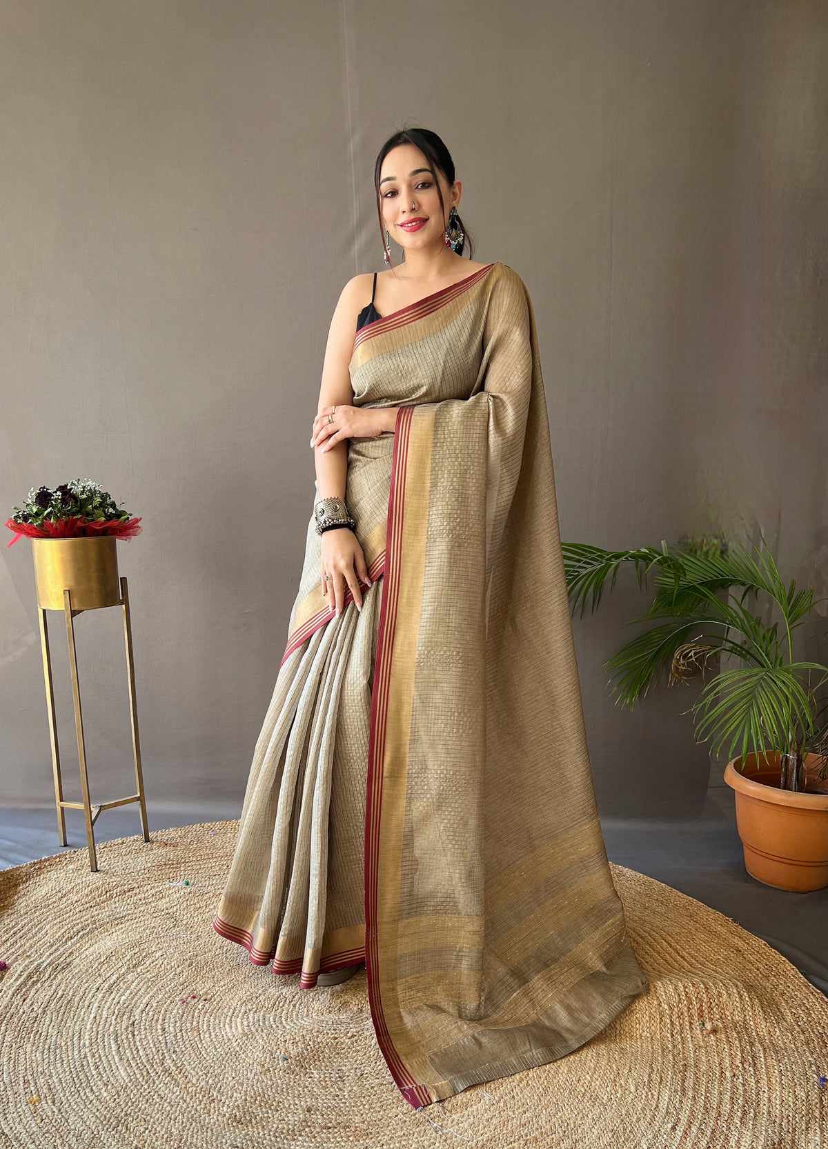 Gray Color Soft Silk Saree with All-Over Zari Checks Weaving Design and Border | Running Unstitched Blouse Included.