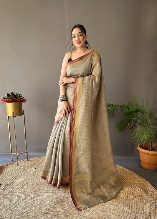 Gray Color Soft Silk Saree with All-Over Zari Checks Weaving Design and Border | Running Unstitched Blouse Included.