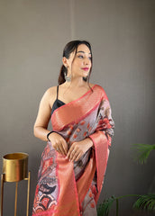 Pure Gray Tussar Silk Saree with Handpainted Kalamkari Print, Contrast Zari Weaving Border, Zari Woven Pallu, and Coordinated Contrast Printed Blouse.