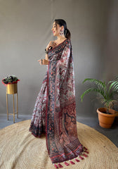 Gray Italian Digital Print Cotton Saree For Weddings