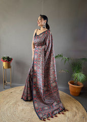 Gray Digital Print Semi Silk Saree with Soft Weaves, Elegant Pallu & Border, Tassels, and Unstitched Blouse Piece.