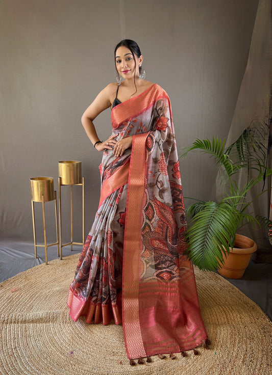 Pure Gray Tussar Silk Saree with Handpainted Kalamkari Print, Contrast Zari Weaving Border, Zari Woven Pallu, and Coordinated Contrast Printed Blouse.