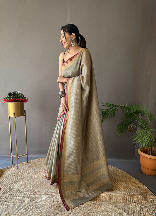 Gray Color Soft Silk Saree with All-Over Zari Checks Weaving Design and Border | Running Unstitched Blouse Included.