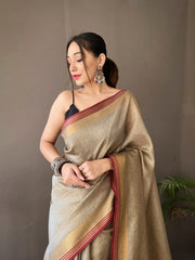 Gray Color Soft Silk Saree with All-Over Zari Checks Weaving Design and Border | Running Unstitched Blouse Included.