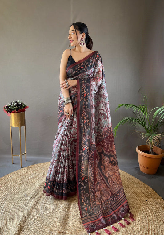 Gray Italian Digital Print Cotton Saree For Weddings