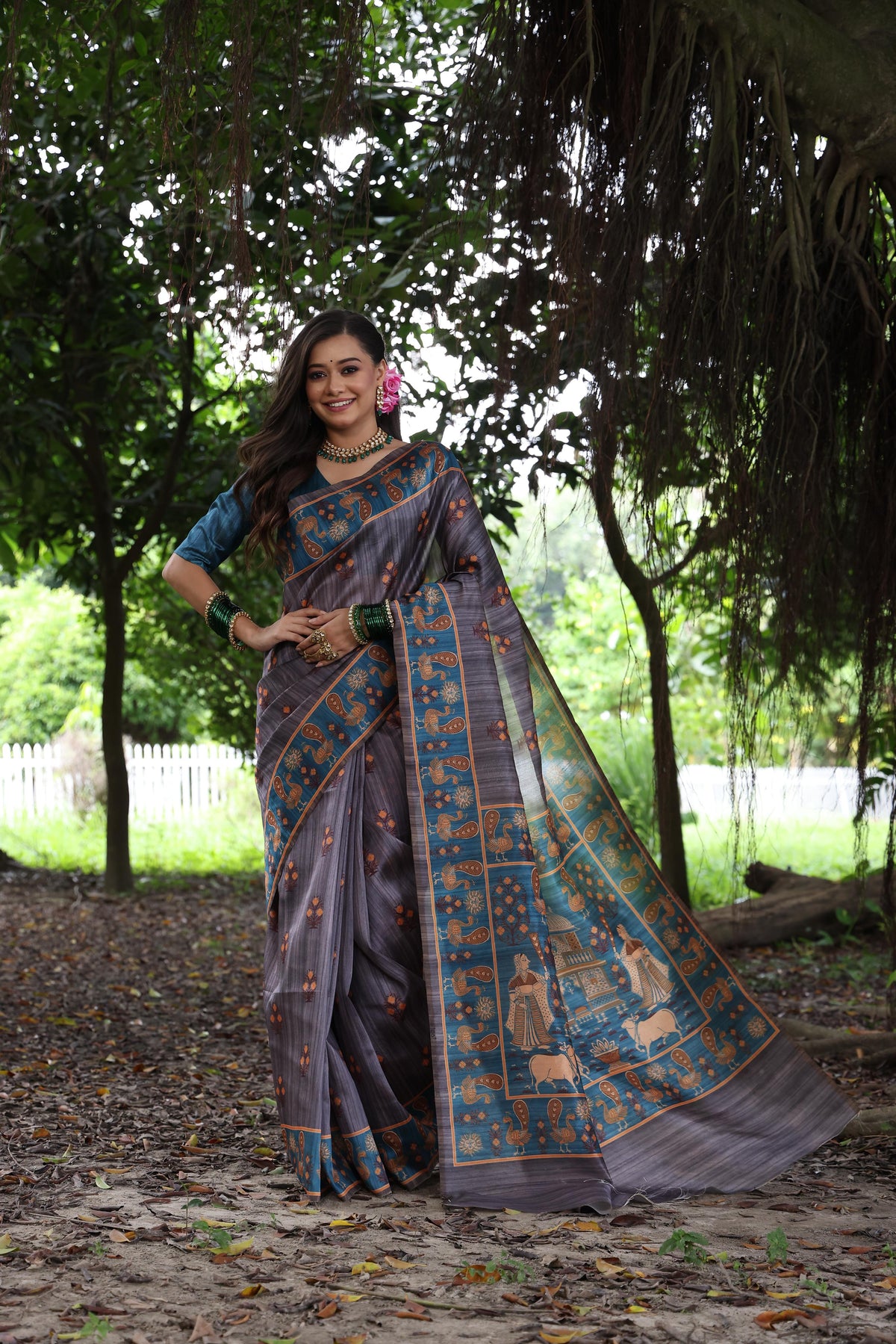 Gray Soft Tussar Silk Saree with Beautiful Peacock Prints, Traditional Printed Pallu & Contrast Border | Saree with Contrast Blouse Piece.