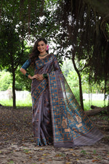 Gray Soft Tussar Silk Saree with Beautiful Peacock Prints