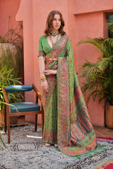 Luxurious Green Extra Soft Pashmina Silk Saree with Vibrant Kashmiri Jal Weaving Pattern and Elegant Tassels.