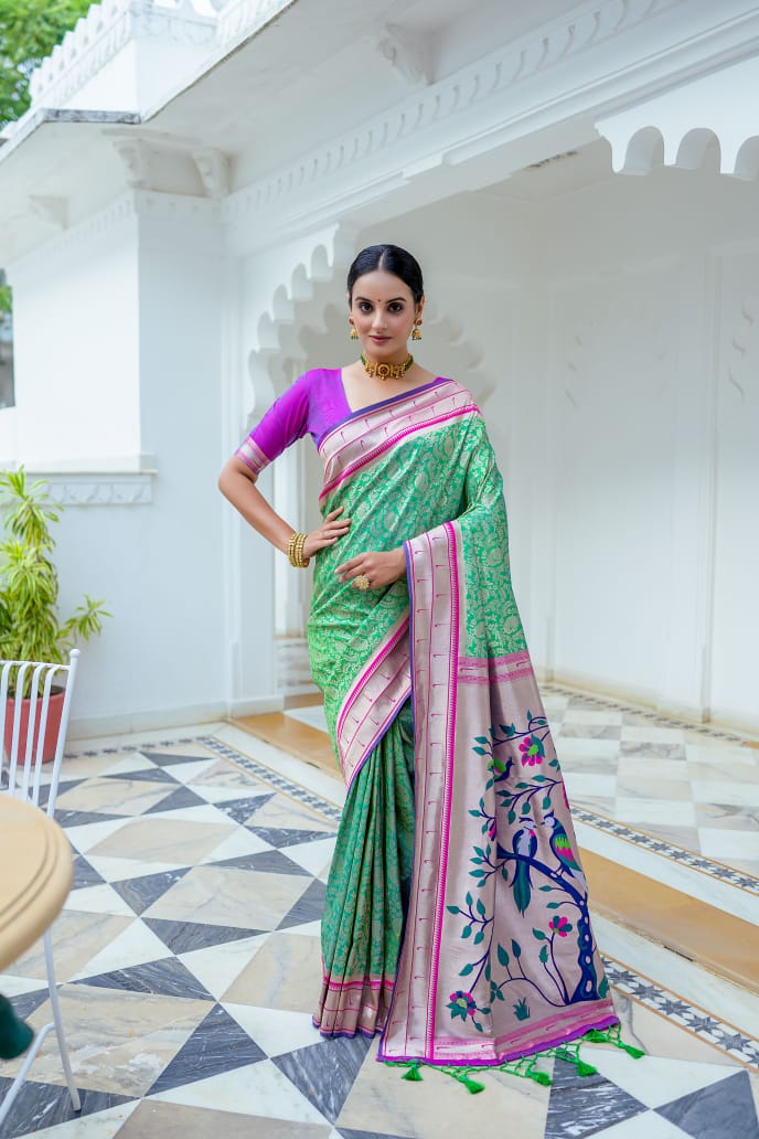 Green Color Extraordinary Blend of Kanchipuram and Paithani Sarees: Soft Kanjivaram Silk with Exclusive Contrast Border & Rich Paithani Pallu.