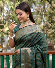 Exquisite Green Pure Silk Bandhej Patola Sarees Featuring Rich Zari Weaving and Contrasting Borders With Unstitched Blouse Piece.