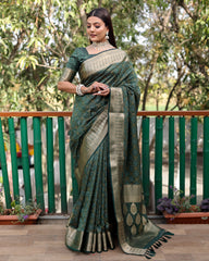 Exquisite Green Pure Silk Bandhej Patola Sarees Featuring Rich Zari Weaving and Contrasting Borders With Unstitched Blouse Piece.