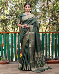 Exquisite Green Pure Silk Bandhej Patola Sarees Featuring Rich Zari Weaving and Contrasting Borders With Unstitched Blouse Piece.