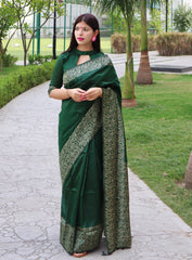 Green Kalamkari Bangalori Handloom Raw Silk Weaving Saree