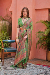 Luxurious Green Extra Soft Pashmina Silk Saree with Vibrant Kashmiri Jal Weaving Pattern and Elegant Tassels.