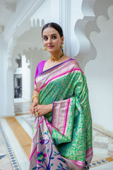 Green Color Extraordinary Blend of Kanchipuram and Paithani Sarees: Soft Kanjivaram Silk with Exclusive Contrast Border & Rich Paithani Pallu.