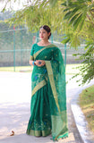 Green Linen Saree with Zari Pallu