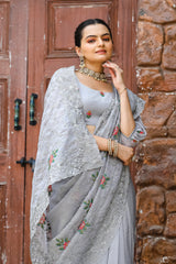 Gray Pure Shiny Zari Chiffon Saree with Intricate Cutwork and Embroidery