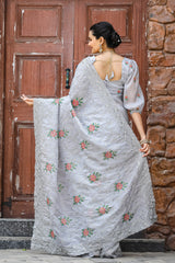 Gray Pure Shiny Zari Chiffon Saree with Intricate Cutwork and Embroidery