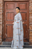 Gray Pure Shiny Zari Chiffon Saree with Intricate Cutwork and Embroidery