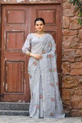 Gray Pure Shiny Zari Chiffon Saree with Intricate Cutwork and Embroidery