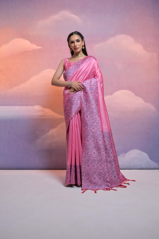 Pink Bangalore Handloom Raw Silk Saree For Women